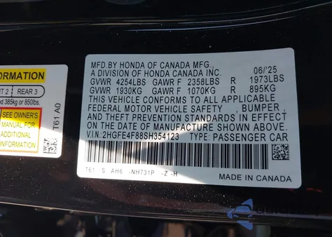 2025 Honda Civic Hybrid Sport/Sport Touring from USA, damaged, VIN 2HGFE4F88SH354123